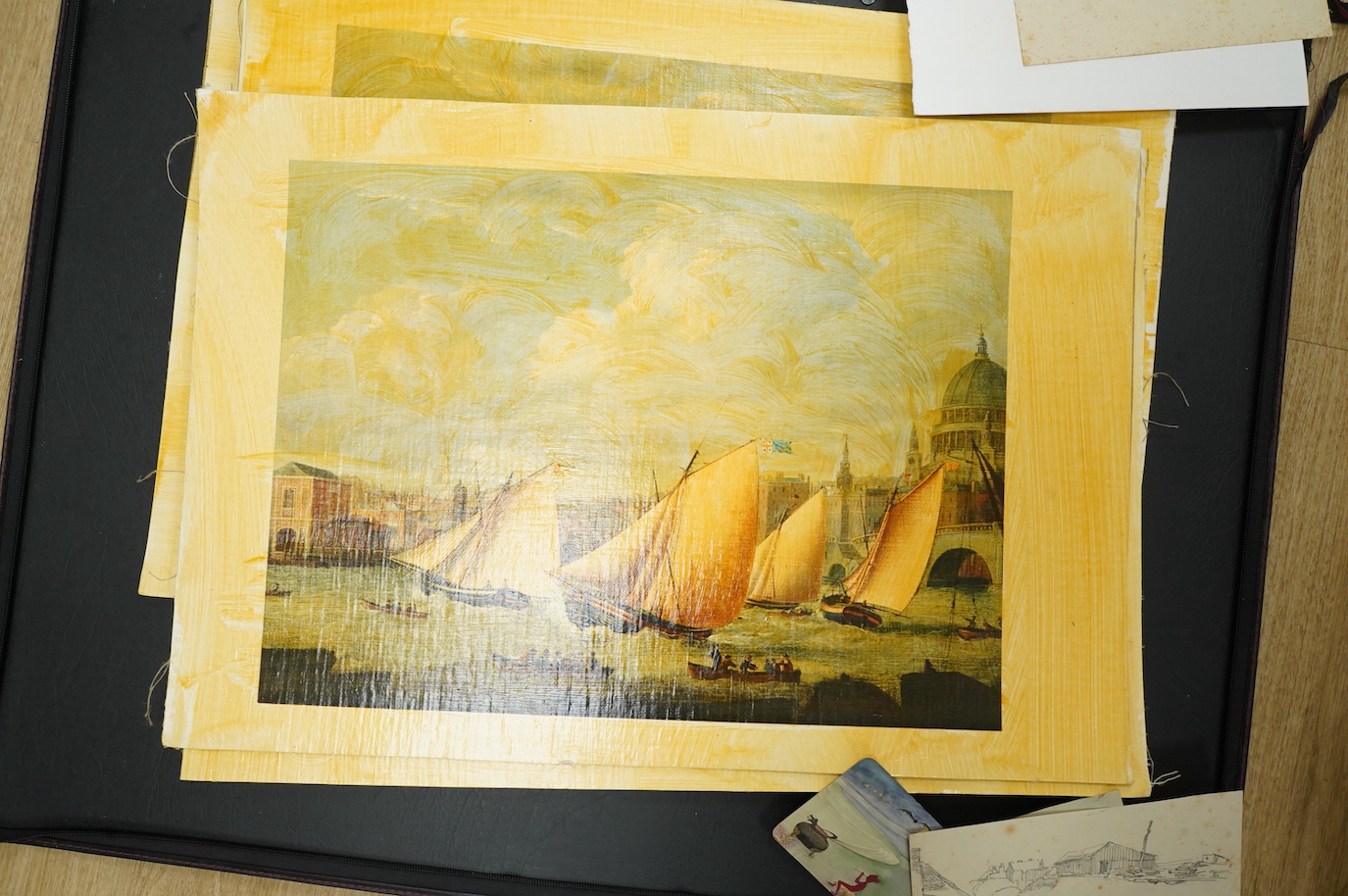 A large collection of watercolours, sketches and prints to include four works by J H Powell, maritime interest scenes, each signed, various 19th century and later watercolours and a set of maritime interest oleographs on